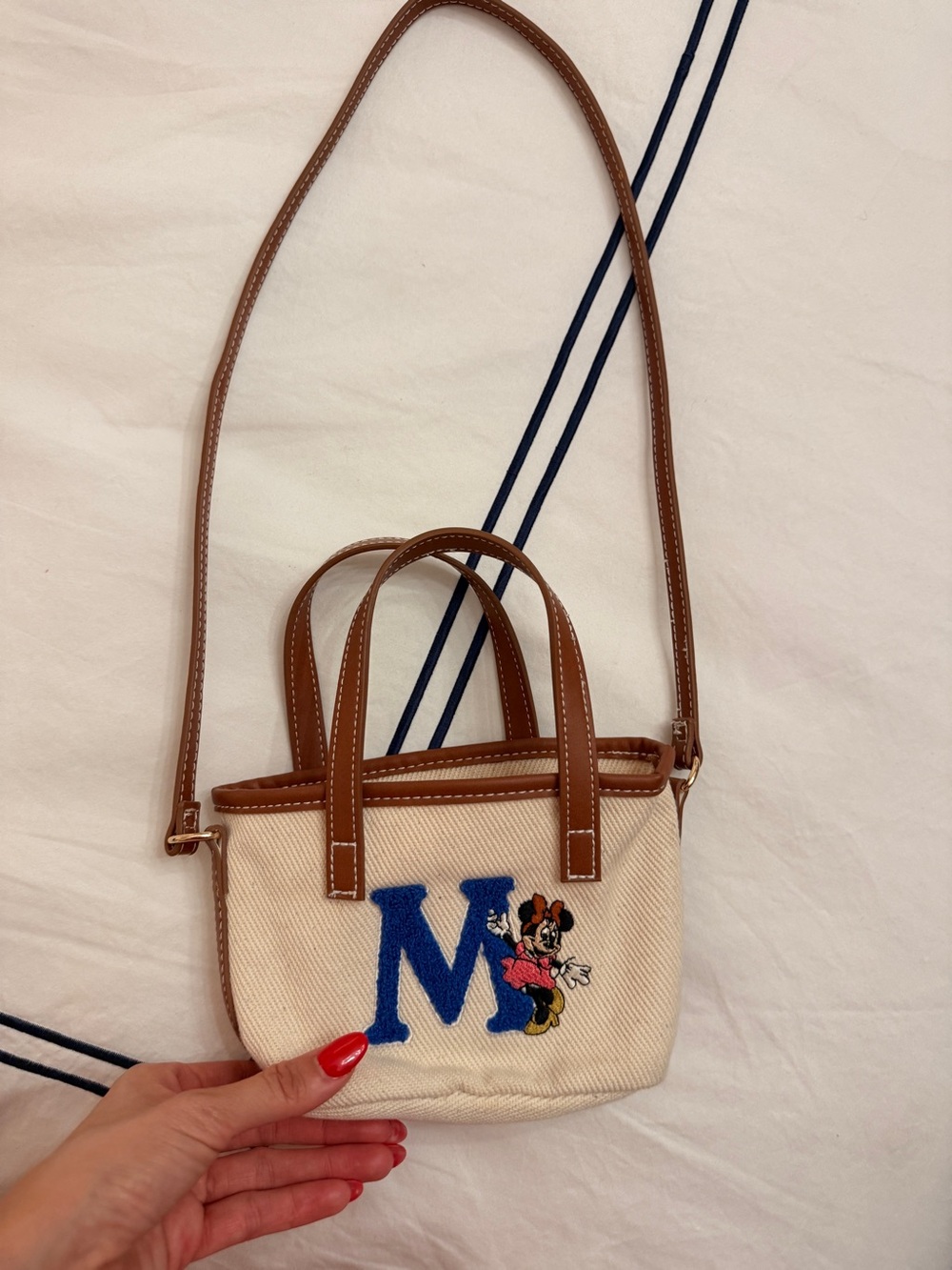 Canvas Mini Tote with Blue 'M' and Minnie Patch - Brown Trim